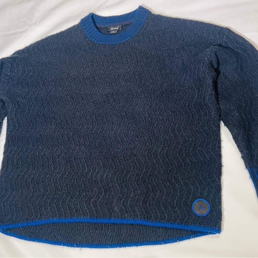 Allbirds Men's Dark Blue Crewneck Sweater with Light Blue Trim